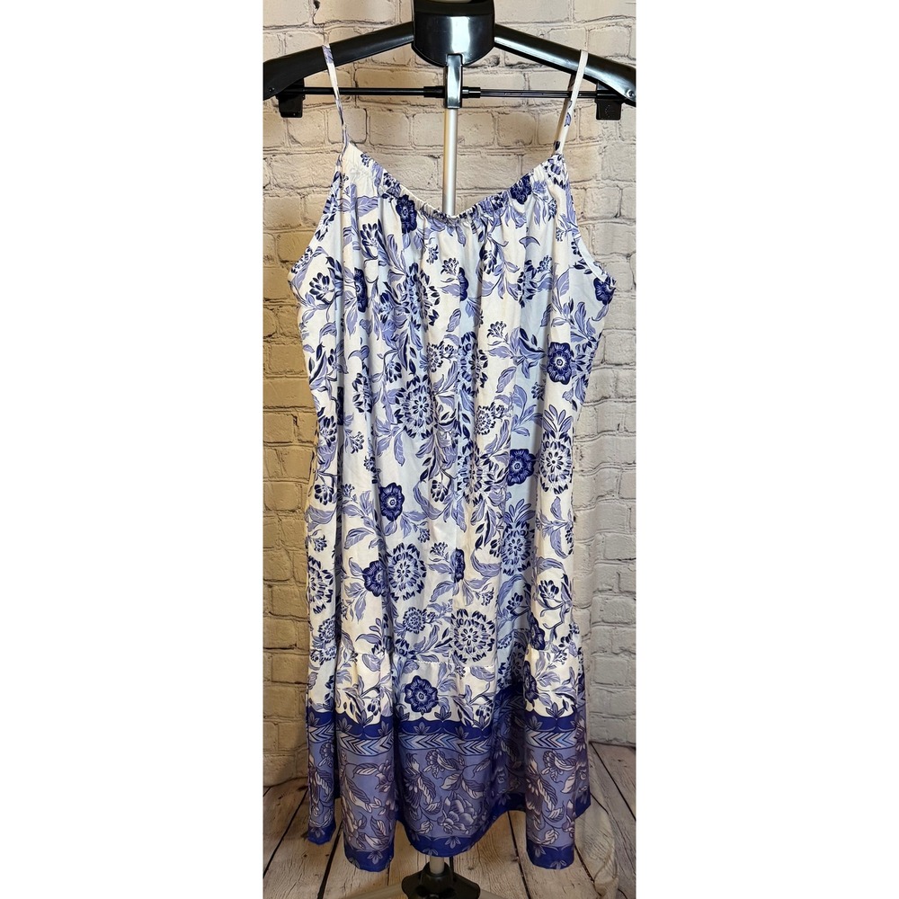 Blue White Floral Medallion Spaghetti Strap Sundress XL Boho Coastal Summer - Picture 3 of 5